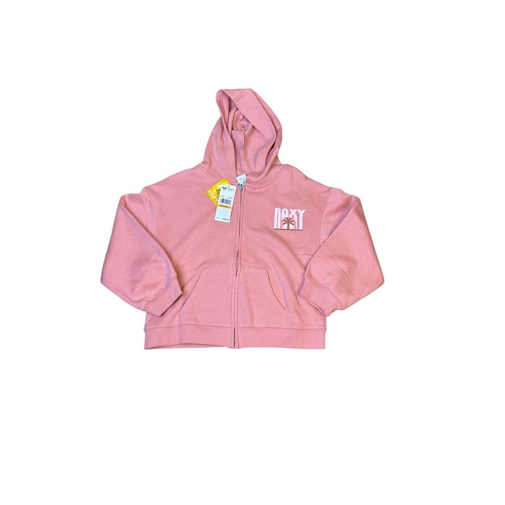 Girls Pink Zip Up Fleece Hoodie Sweatshirt Palm Tree Graphic Size 7 Roxy NWT